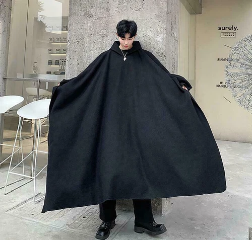 Men Fashion Hooded Wool Blend Black Pullover Oversize Cloak Cape Coat Ourwear - Bild 8 von 13
