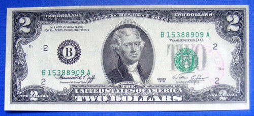 US $2 Bill Two Dollars 1st day stamp MISPLACED TREASURY SEAL MISALIGNED UNC 1976