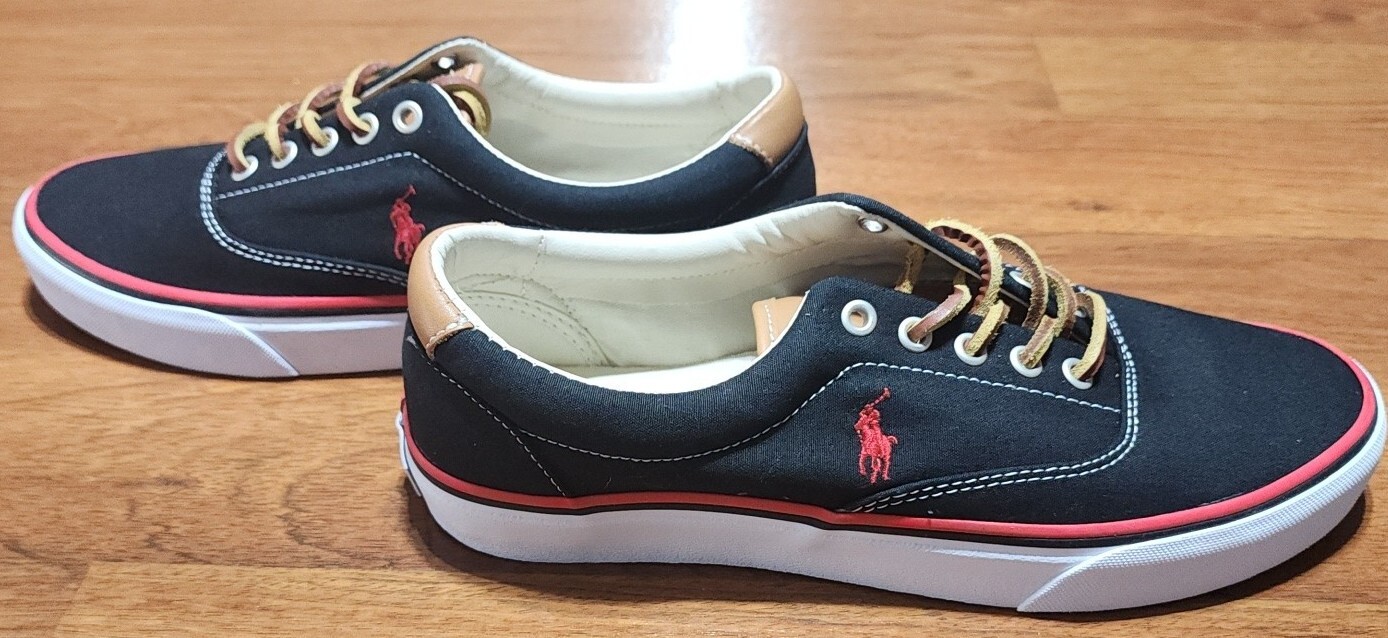 Nuove scarpe polo Ralph Lauren da uomo 9 5 nere rosse Keaton pony in pelle
