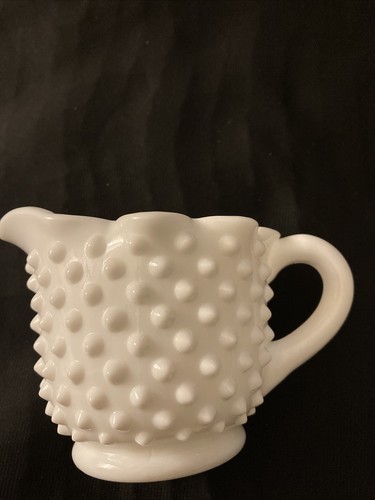 Fenton White Milk Glass Hobnail Creamer 3” Tall 6” Wide Vintage 1950s - Picture 2 of 12
