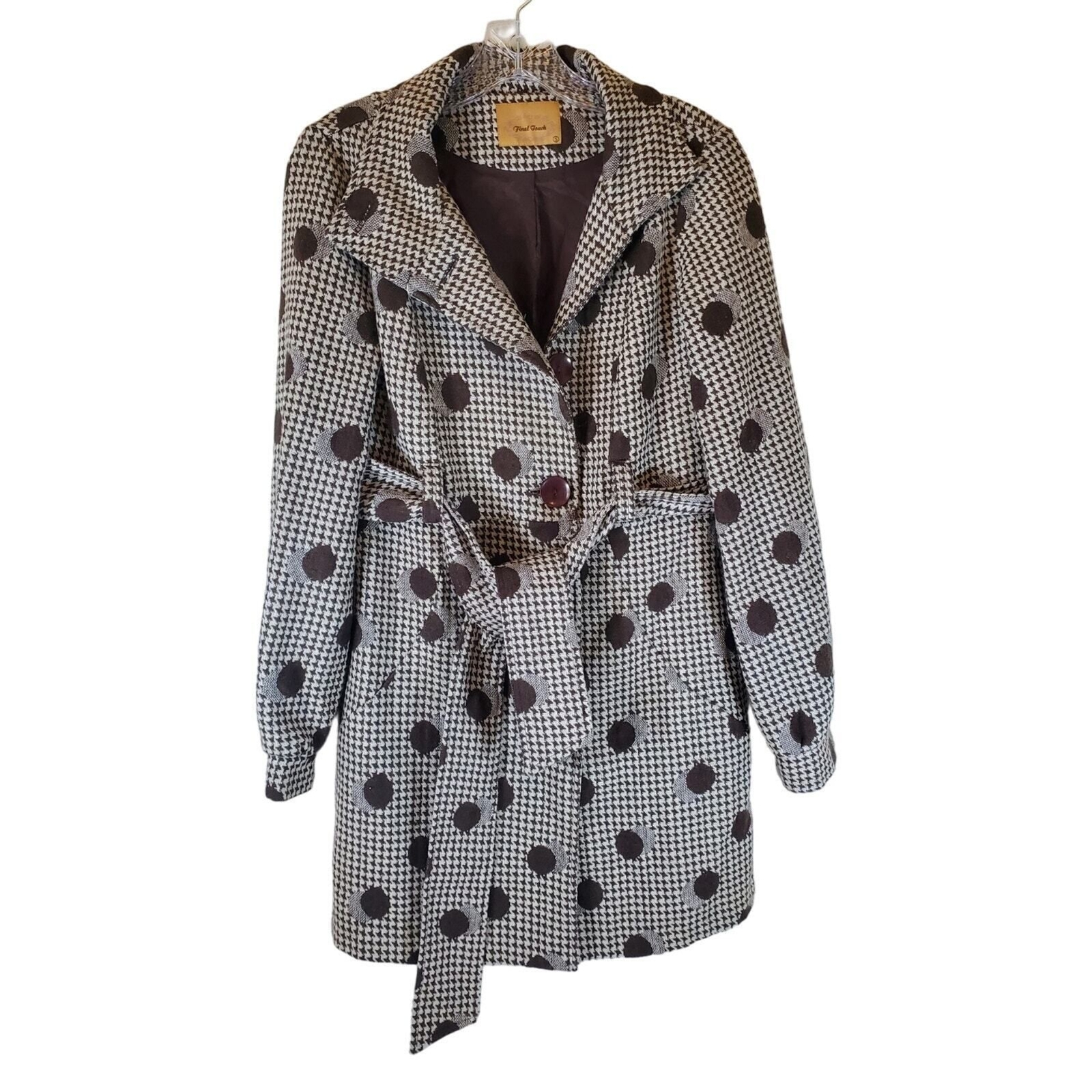 Final Touch Womens Coat S Brown Hounds Tooth Polka Dot Belted