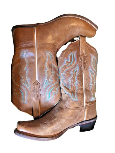 Old West Cowboy Boots Size 10 Womens Brown Blue Stitched Leather Cowgirl Western - Picture 2 of 10