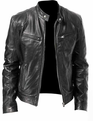 MENS VINTAGE CAFE RACER BLACK REAL LEATHER SLIM FIT BIKER JACKET - B5