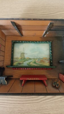 Vintage 3D Holz Diaroma Bild Plakette einer Küchenszene