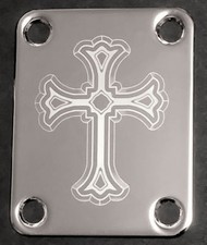 GUITAR NECK PLATE Custom Engraved Etched - Fits Fender - CROSS - Chrome