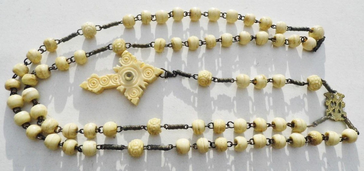 Antique Carved Rosary Beads & Stanhope Cross German Wallfahrt