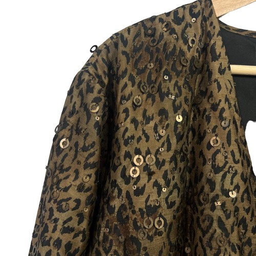 Chico's Silk Animal Print Open Jacket Size XL 3 Brown Black Open Front Grommets - Picture 3 of 7