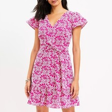 LOFT Eyelet Belted Flutter Sleeve Swing Dress