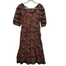 eShakti Size Large 12 Paisley Burgundy Orange Floral Midi Dress Belted Pockets