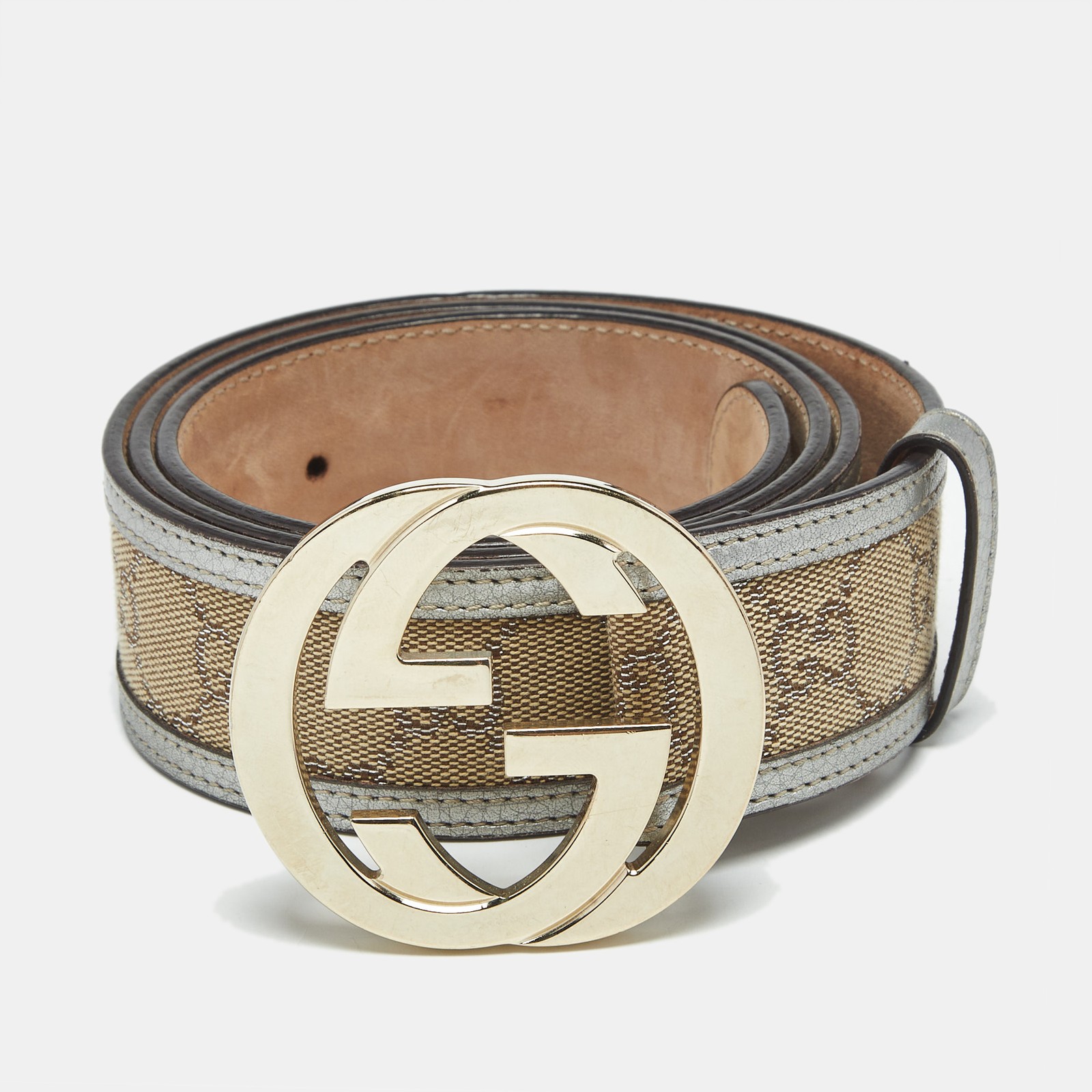 Gucci Beige Silver GG Canvas Leather Interlocking G Buckle Belt 90CM