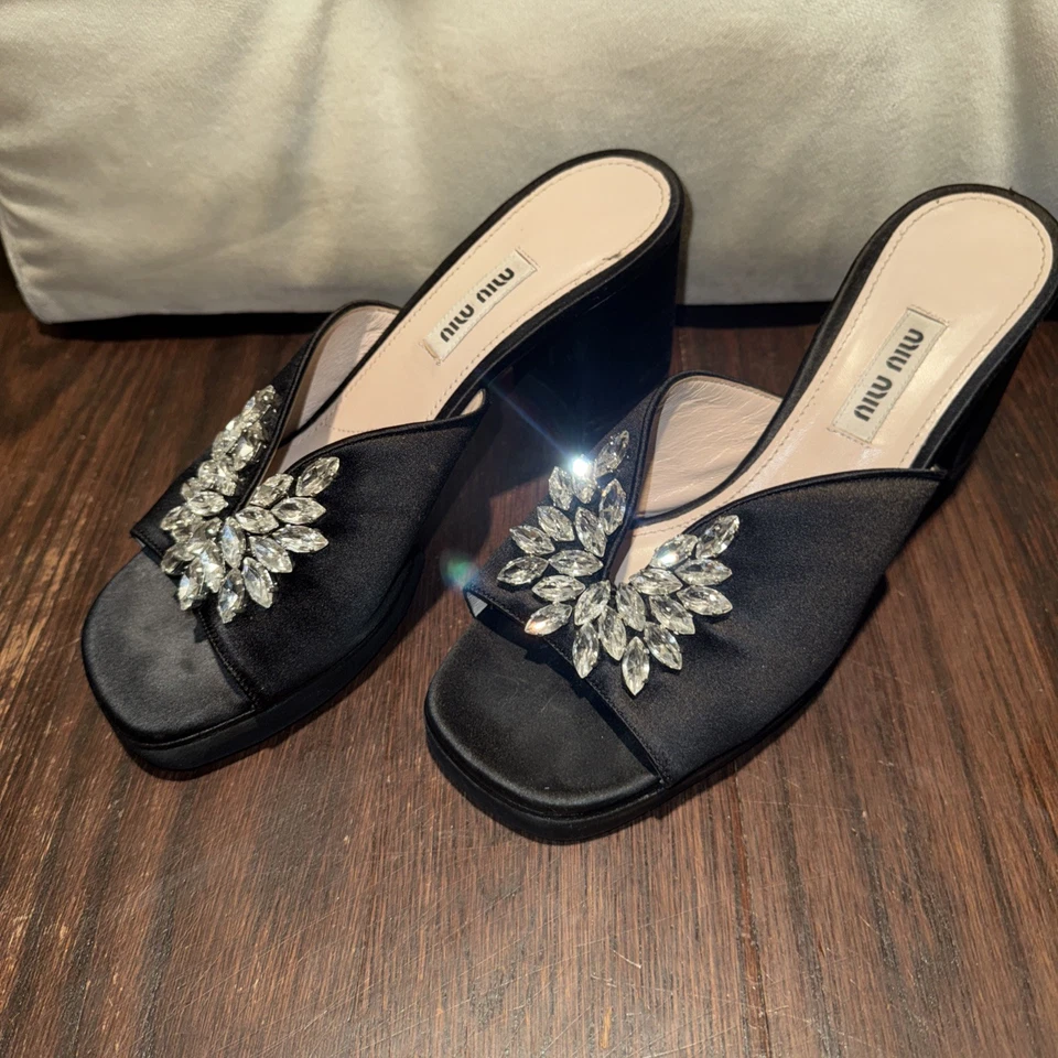 Miu Miu Satin Crystal Embellishments Slides Women's Shoes Size: 6.5 - Image 2 of 4