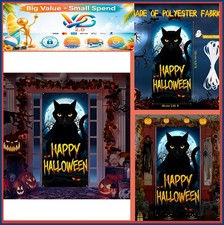 Black Cat Halloween Door Cover Banner 35x71 Inch Polyester Party Decor with