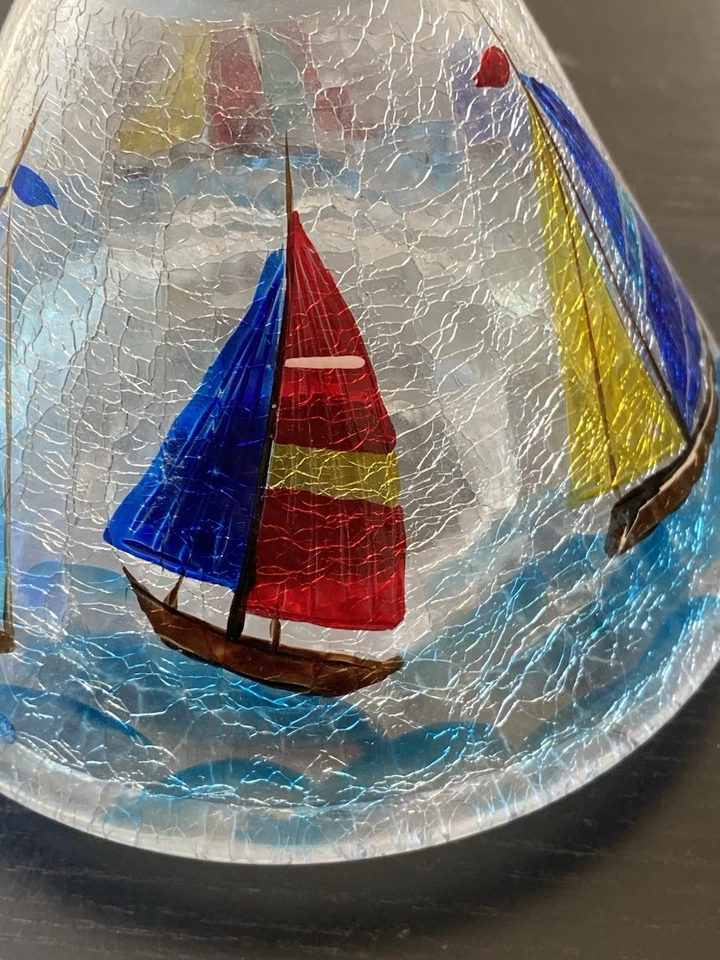 Yankee Candle Crackle Glass Shade Sailboats Hand Painted Blue Red Yellow Vtg - Image 4 of 4