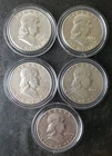 Lot of Five 50c Franklin Silver Half Dollars in Capsules