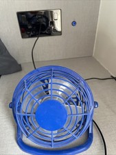 Blue USB powered tabletop desk fan.