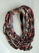 Banded 2gether Plaid braided infinity scarf Brown Red Tan