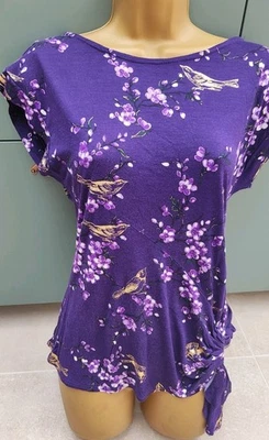 Beautiful Purple Short Sleeve Top With Gold Bird Print Size 10 - Image 1 of 4