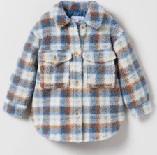 Zara Plaid Fleece Front Button Over-Shirt Shacket Sherpa Jacket Unisex Blue 10
