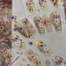 Flower Nail Art Stickers Decals 5D Embossed Golden Edge Flower Nail Style-3