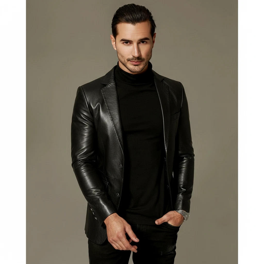 Men's Black Leather Blazer Genuine Lambskin Two Button Coat Real Soft Blazer