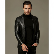 Blazer En Cuir Noir Pour Hommes En Agneau Véritable À Deux Boutons