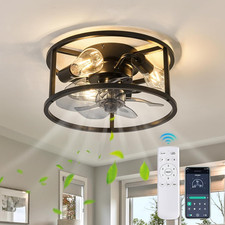 Sleek Black Caged Flush Mount Ceiling Fan with Lights Remote Control