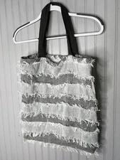 TJ Maxx Tote Bag Womens One Size Gray White Fringe Stripe Cotton Shoulder Bag