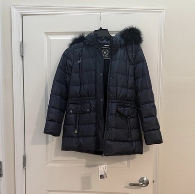 NWT Norman Ambrose Real Fox Fur Down Coat Jacket Women's Small Navy Genuine Saks