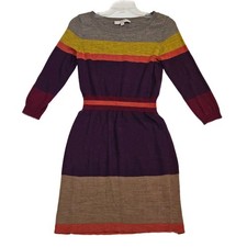 Loft Purple Orange Camel Striped A-Line 3/4 Sleeve Sweater Dress Small