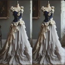 Vintage Blue and Champagne Wedding Dresses with 3D Flowers A Line Ruffles Tulle