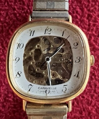 Vintage Bulova Caravelle Skeleton Mechanical Watch Swiss Made T V Case