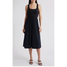 SPANX Black Jersey Bodice Square Neck Midi Dress Comfort Fit Size L