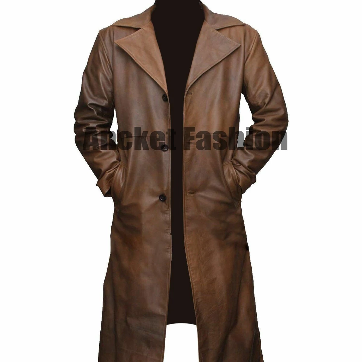 MEN'S VINTAGE BROWN GENUINE LEATHER JACKET DUSTER COAT