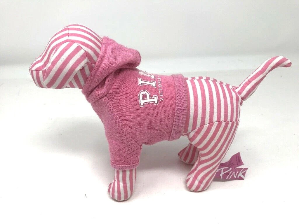 Pink Victoria Secret Pink White Striped Dog with Hoodie Sweatshirt. Stuffed 9