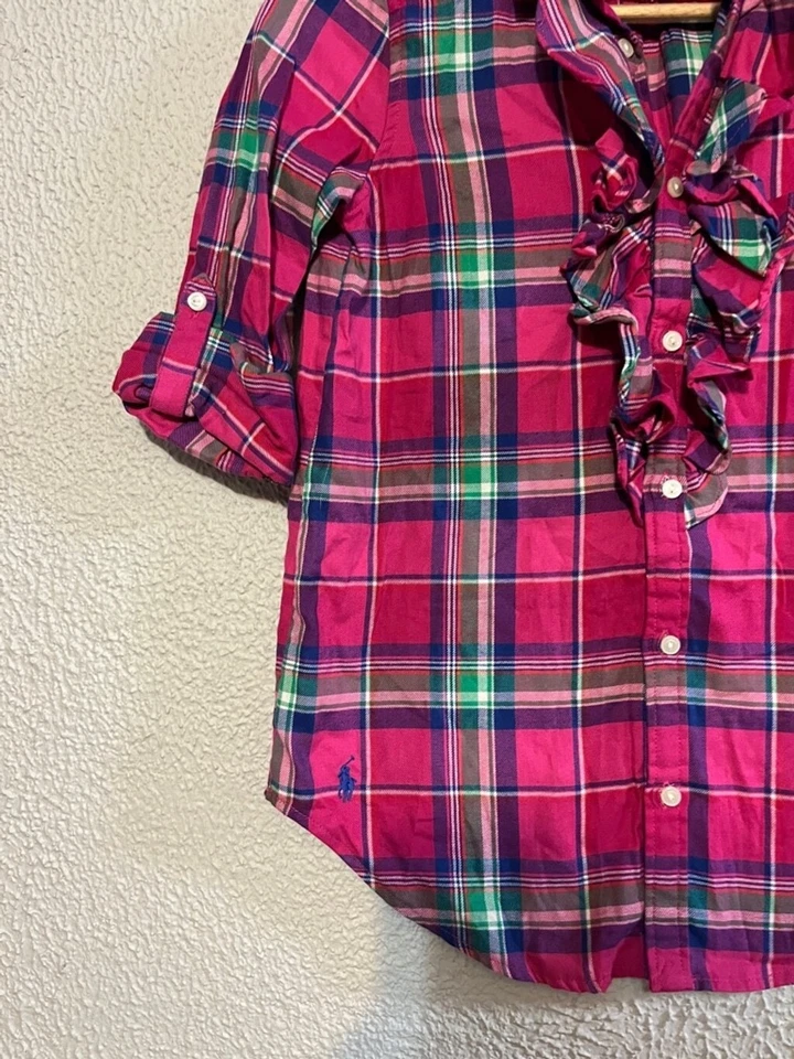Camisa Ralph Lauren para niña rosa y verde a cuadros de algodón con volantes con botones talla 10 Foto 2 de 4