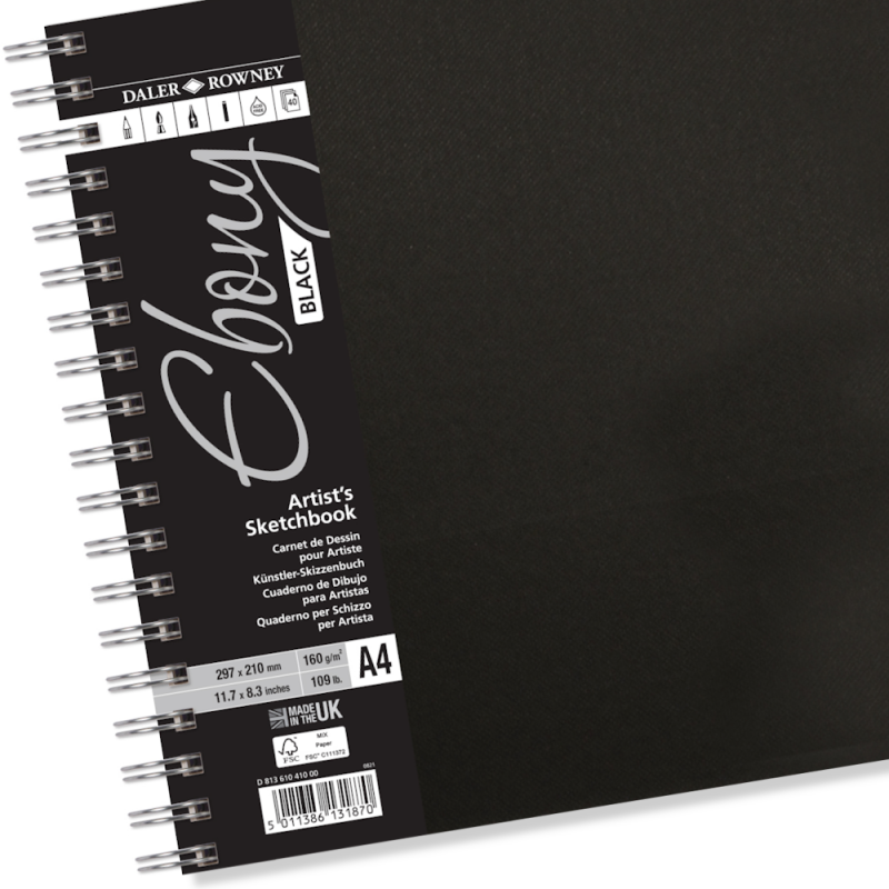 Daler-Rowney Ebony Hardback Spiral Black Sketchbook - A4 Landscape (160gsm)