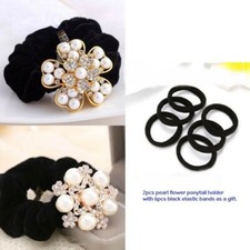 Pack of 2 White pearl flower black elastic hair ties band rope ponytail holder