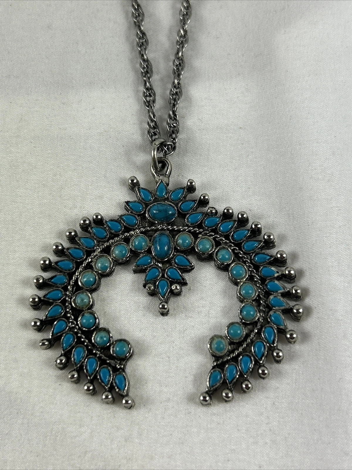 VETEMENTS Collana Ciondolo Corona Turchese Blu 24"" Tono Argento Serpentina Catena