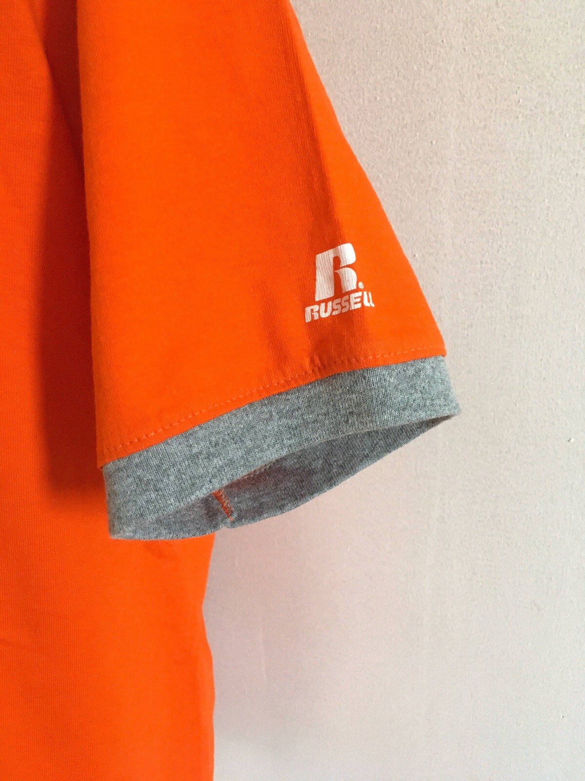 Russell Athletic Men’s Orange V Neck Short Sleeve Ringer T Shirt W/Gray