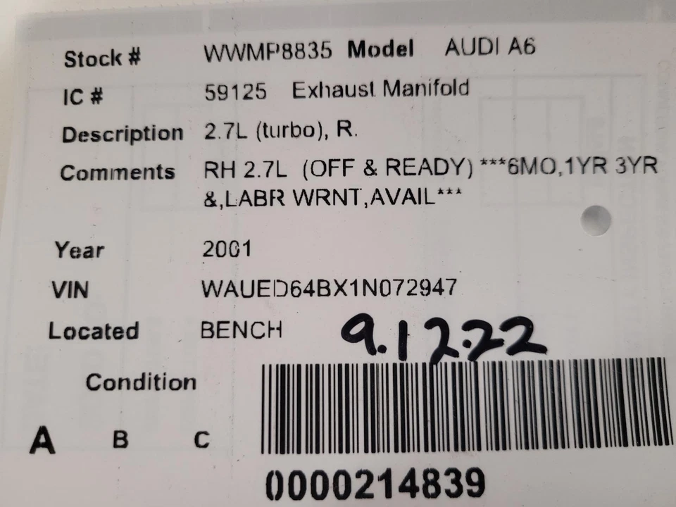 Colector de escape derecho usado se adapta a: Audi a6 2001 2,7 L turbo grado derecho A Foto 3 de 4