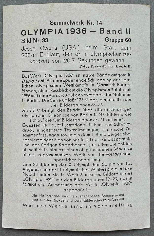 1936 Olympia Jesse Owens USA Sammelwerk Nr.14 Bild Nr.33 200m endlauf Sammelbild - Image 4 of 4