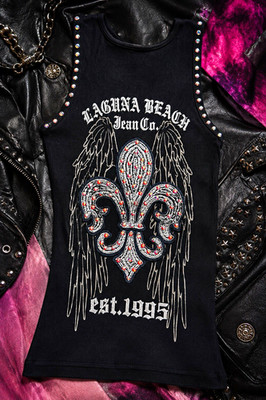 Laguna Beach Jean Co Y2K Rhinestone Fleur de Lis Wings Tank Top Black S