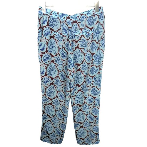 J Crew Pull On Silk Pant in Aqua Paisley Blue Maroon Lined Drawstring NEW 10 - Picture 3 of 11