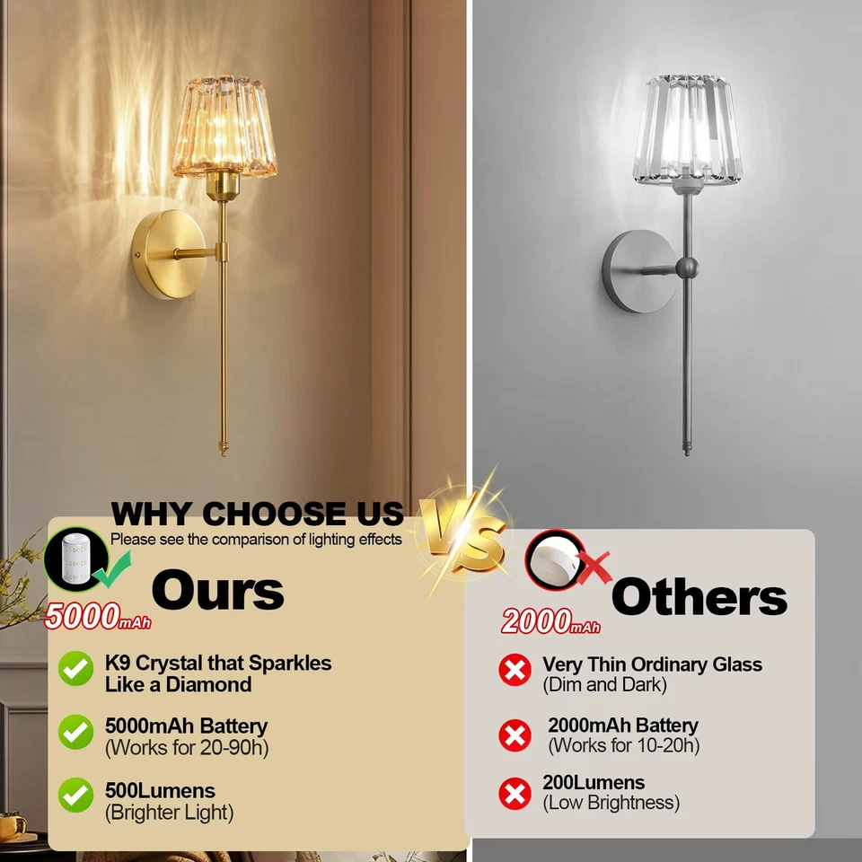 Juego de 2 apliques de pared de cristal a batería, ámbar recargables inalámbricos Wa... Foto 2 de 4