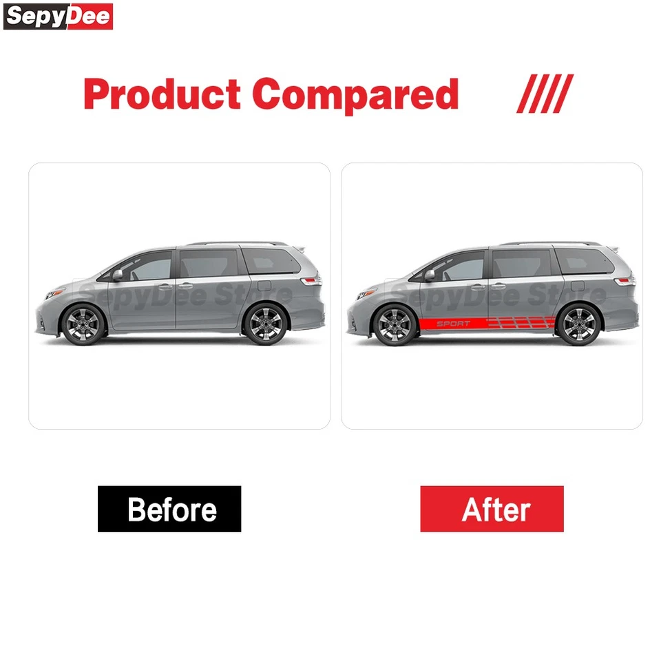 Calcomanía de vinilo para decoración de carrocería Toyota Sienna adhesiva de rayas laterales de autos deportivos de carreras Foto 3 de 4