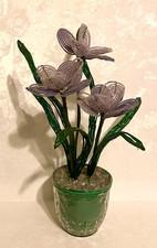 Vint French 60s Hand Made Lavender  Green Glass Beaded Flowers in Pot 12" Tall