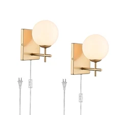 Gold Plug in Wall Sconces Set of Two Mliky Glass Wall Light Fixtures with Glo...