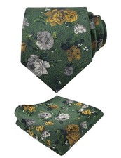 Mens 3.15inches Flower Patterned Tie with Floral Printed Pocket Square Green ...