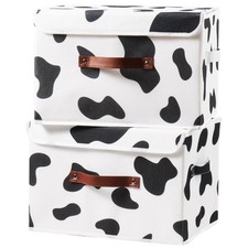2PCS Storage Bins with Lid Cow Print Cute Fabric Storage Basket Box Faux Leat...