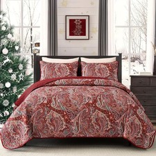 DJY Red Paisley Quilt Set King Size Boho Quilt Bedspread Set 3 Pieces, Soft Ligh